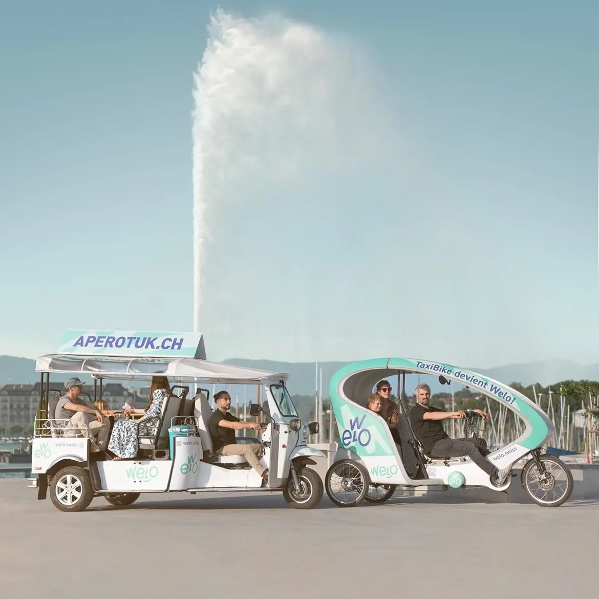 TukTuk électrique et vélo-taxi Welo devant le Jet d'eau de Genève