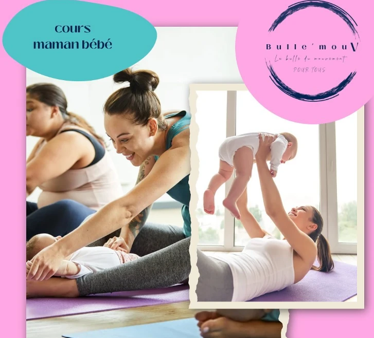 Cours maman-bébé Bulle'mouV : mamans et bébés sur tapis de gym, exercices post-partum en groupe