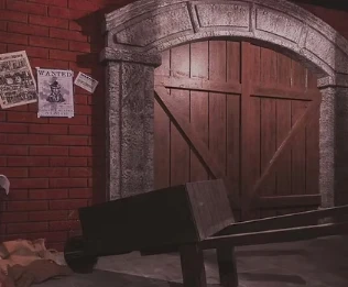 Décor immersif d'escape game avec porte en bois et mur de briques rouges, Game Over Genève