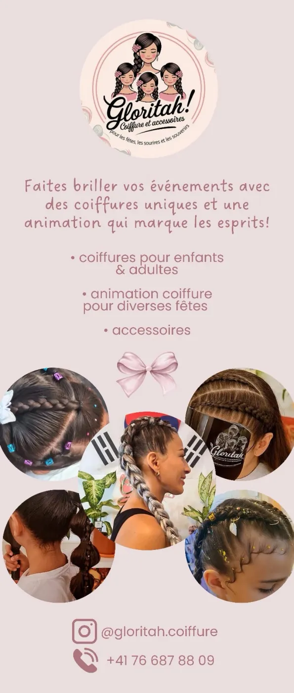 Collage de coiffures tressées et fantaisie réalisées par Gloritah pour enfants et adultes