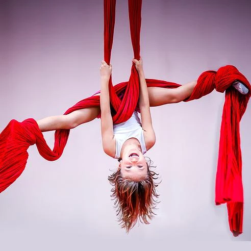 Enfant suspendue tête en bas dans des tissus aériens rouges lors d'un cours de cirque