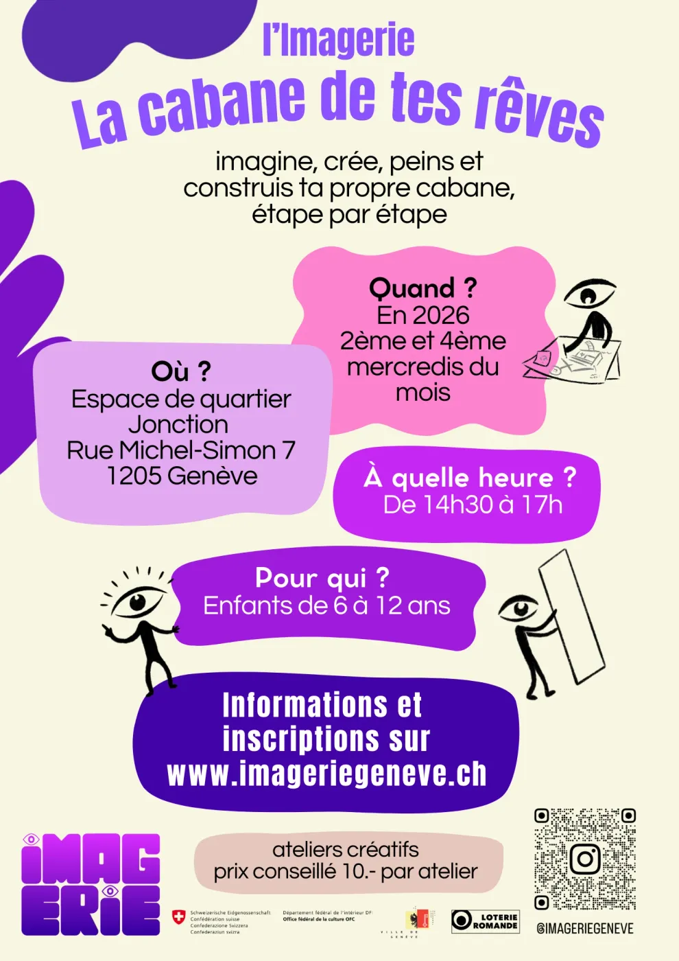 Affiche de l'atelier La cabane de tes rêves de l'Imagerie Genève, ateliers créatifs enfants 6-12 ans