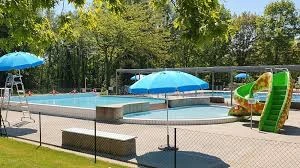 Piscine extérieure de Versoix avec toboggan aquatique, parasols et bassins entourés d'arbres