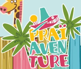 Logo coloré de Praïaventure avec une girafe et des feuilles tropicales, centre de jeux pour enfants à Genève