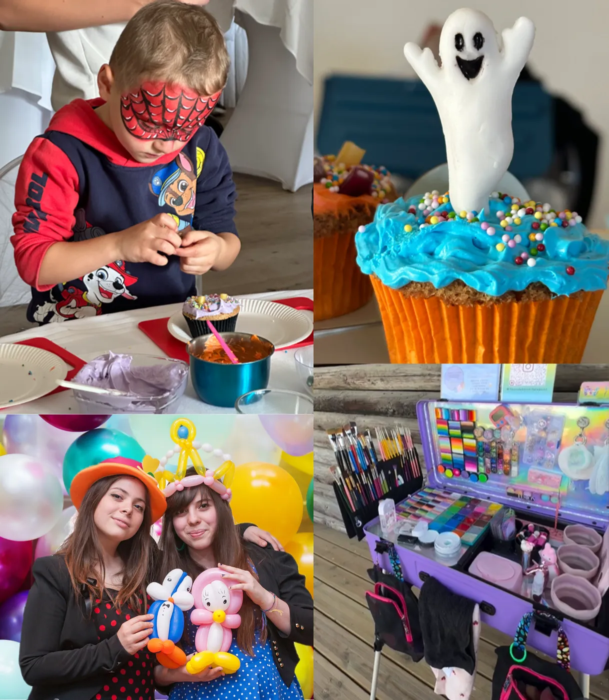 Enfant maquillé en Spider-Man, cupcake fantôme, ballons sculptés et matériel de maquillage coloré
