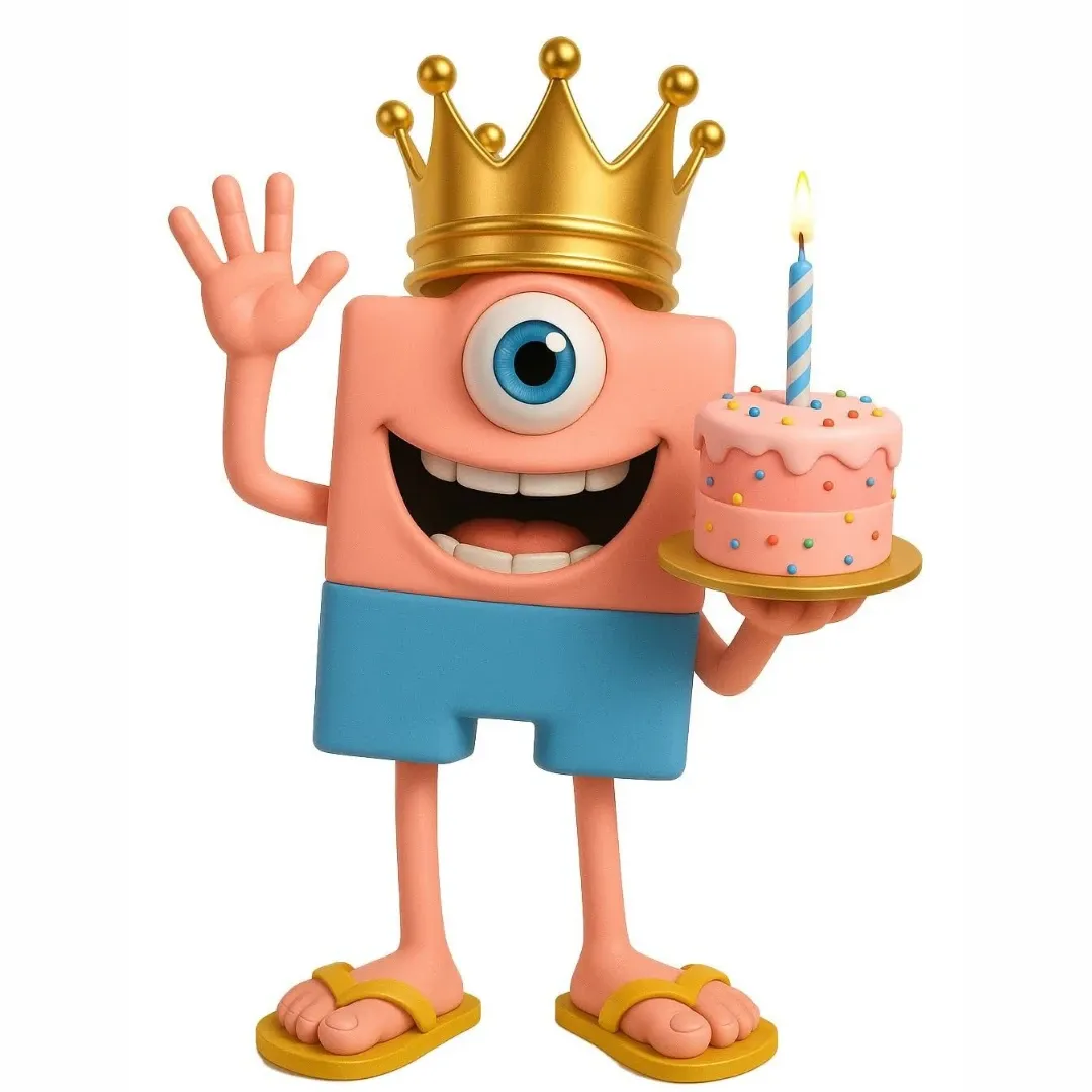 Personnage cartoon couronné tenant un gâteau d'anniversaire, mascotte de Yatouland à Genève