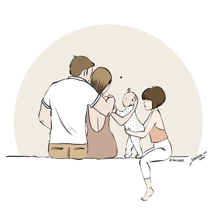 Illustration d'une famille avec deux parents, un bébé et une enfant, par Groseille