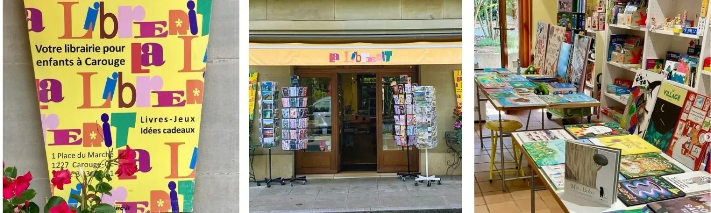 Devanture et intérieur de La Librerit, librairie jeunesse place du Marché à Carouge