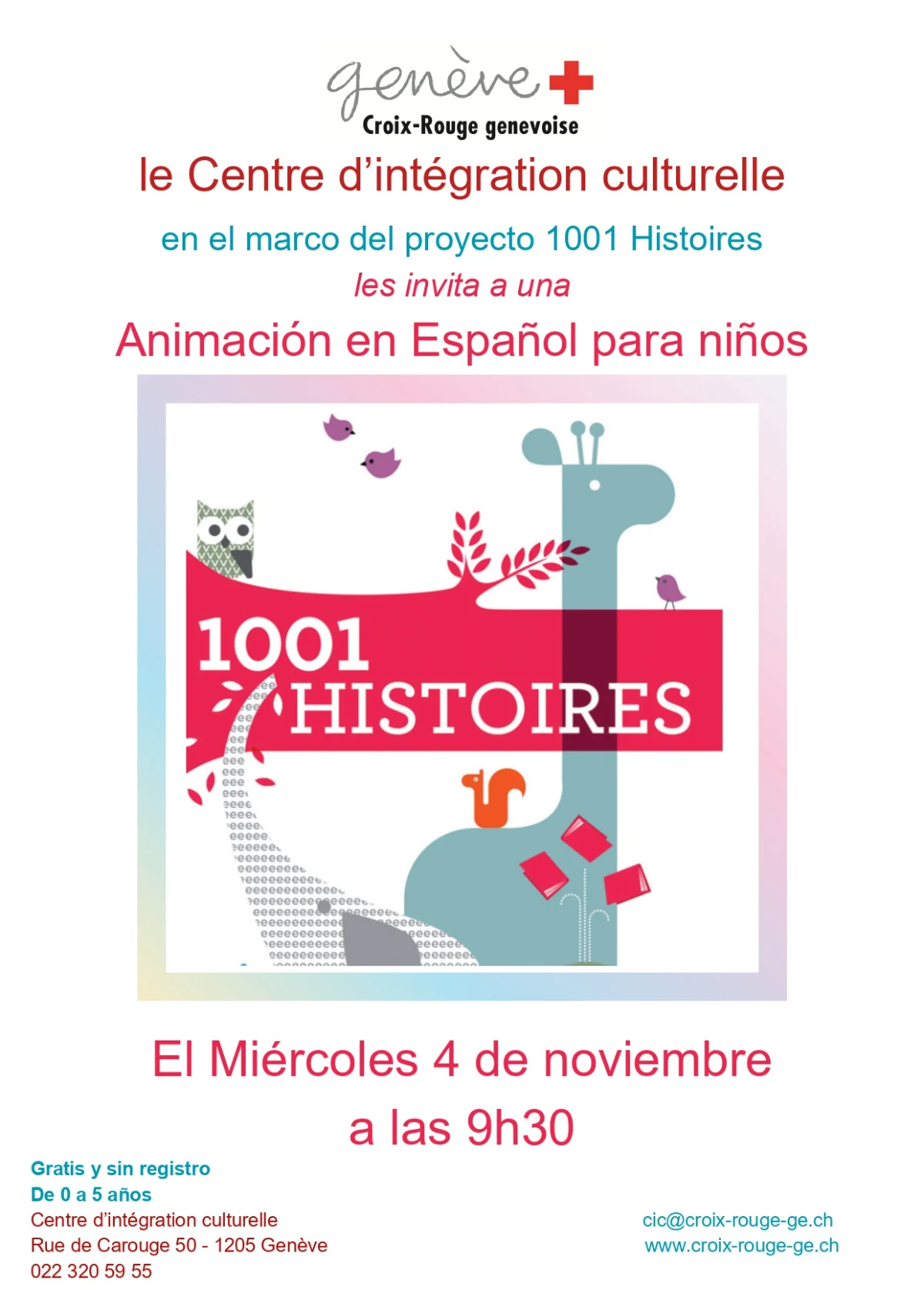 Affiche 1001 Histoires : animation en espagnol pour enfants, Centre d'intégration culturelle, Croix-Rouge genevoise