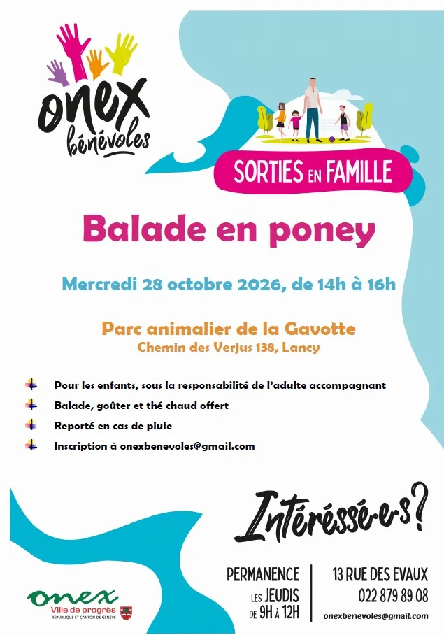 Affiche Onex bénévoles : balade en poney, mercredi 28 octobre de 14h à 16h, Parc animalier de la Gavotte