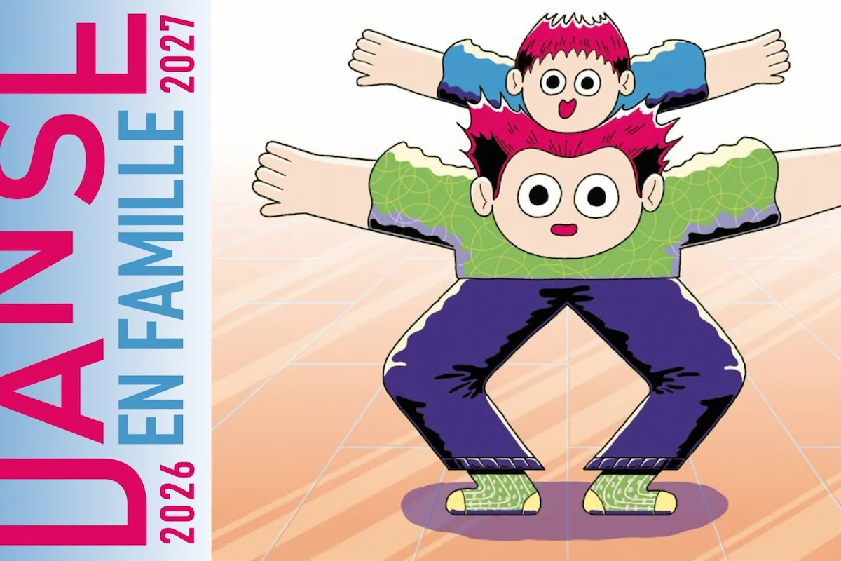 Illustration d'un enfant sur les épaules d'un adulte, bras écartés, pour l'affiche Danse en famille 2026-2027