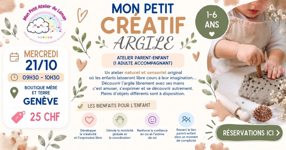 Enfant manipulant de l'argile lors d'un atelier parent-enfant Mon Petit Créatif à Genève