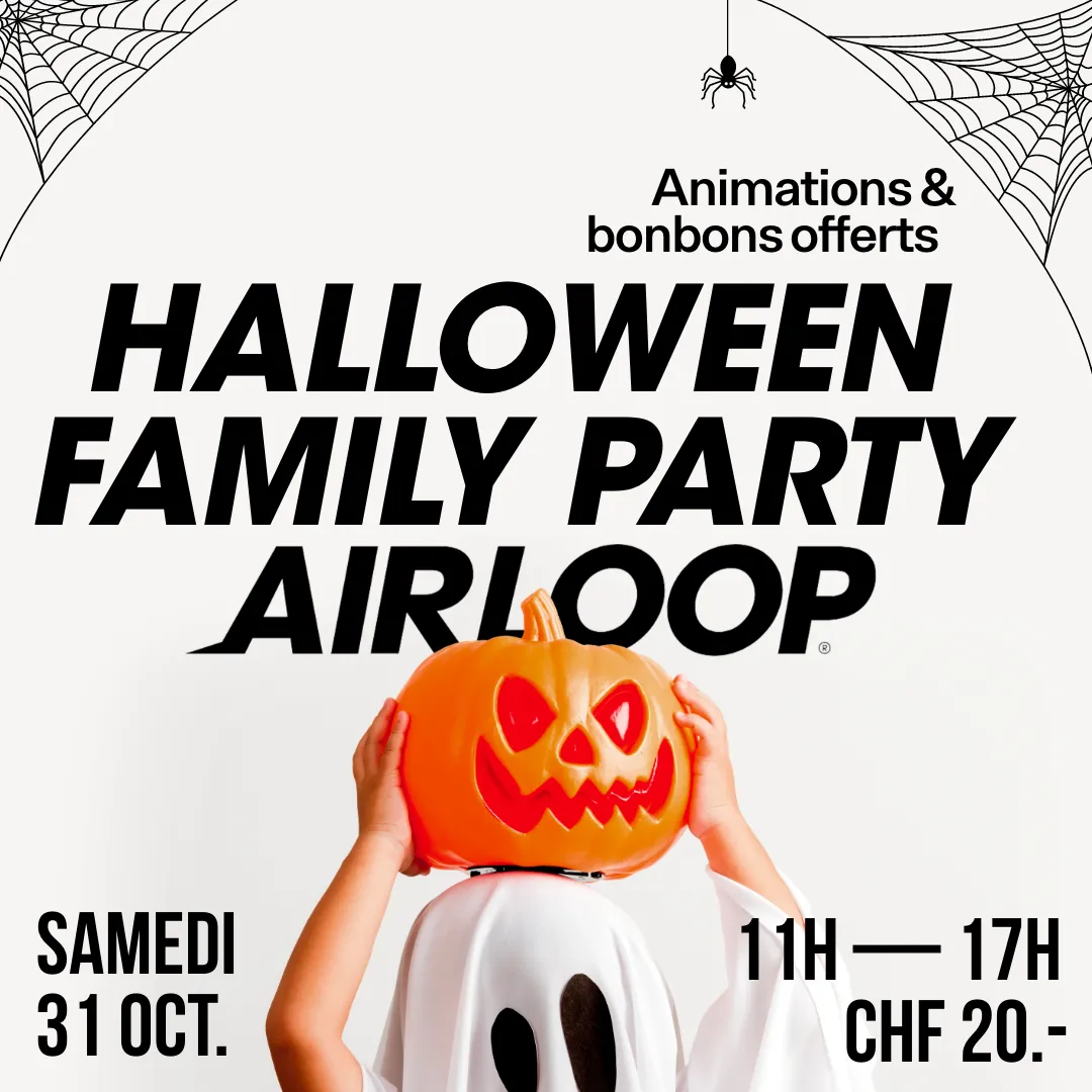 Affiche Halloween Family Party Airloop : enfant déguisé en fantôme tenant une citrouille, samedi 31 octobre, 11h-17h, CHF 20.-