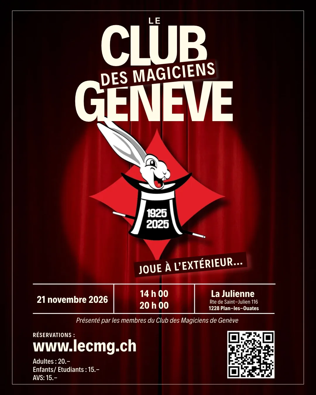 Affiche du Club des Magiciens de Genève : spectacle le 21 novembre 2026 à La Julienne, Plan-les-Ouates