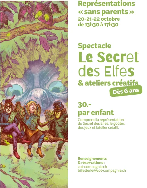 Affiche du spectacle Le Secret des Elfes : trois elfes assis sur une branche sous un arbre aux grands yeux