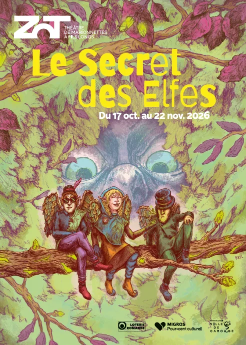 Affiche du spectacle Le Secret des Elfes : trois elfes assis sur une branche, un visage menaçant dans le feuillage