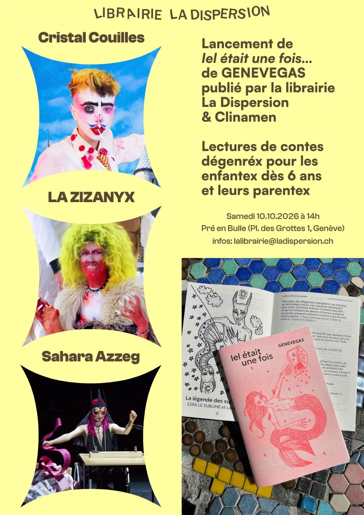 Affiche lectures de contes dégenréx avec Cristal Couilles, La Zizanyx et Sahara Azzeg – Pré en Bulle, Genève