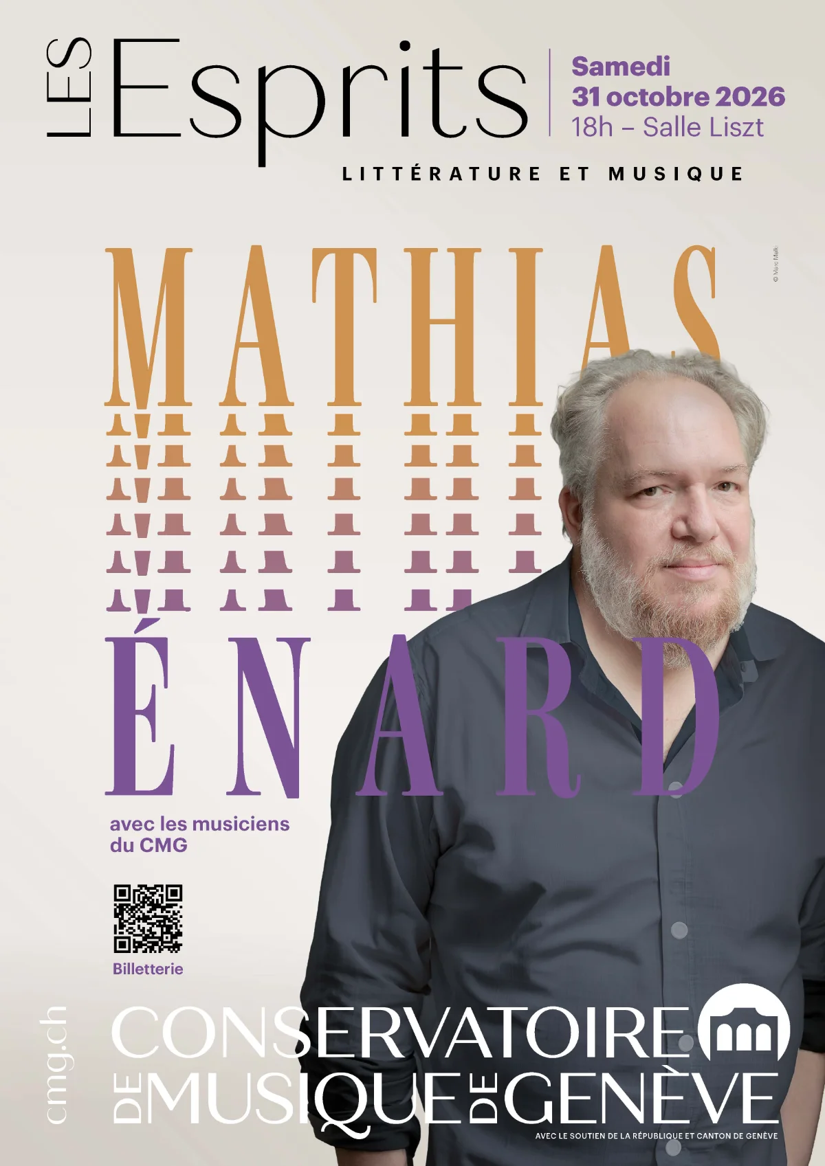 Affiche Les Esprits, littérature et musique : portrait de Mathias Énard, Conservatoire de Musique de Genève, 31 octobre 2026