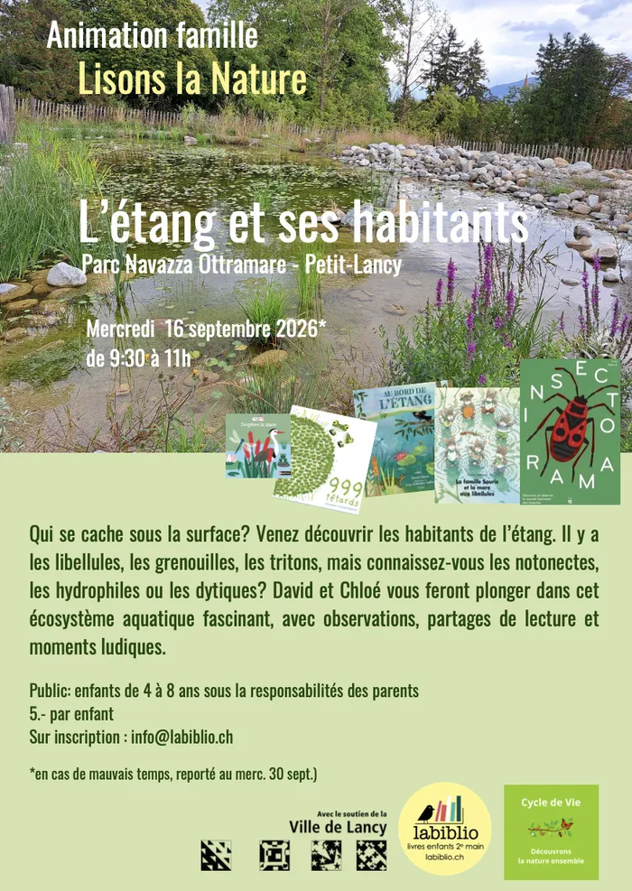 Animation Lisons la Nature – L'étang et ses habitants, Parc Navazza-Oltramare, Lancy, septembre 2026