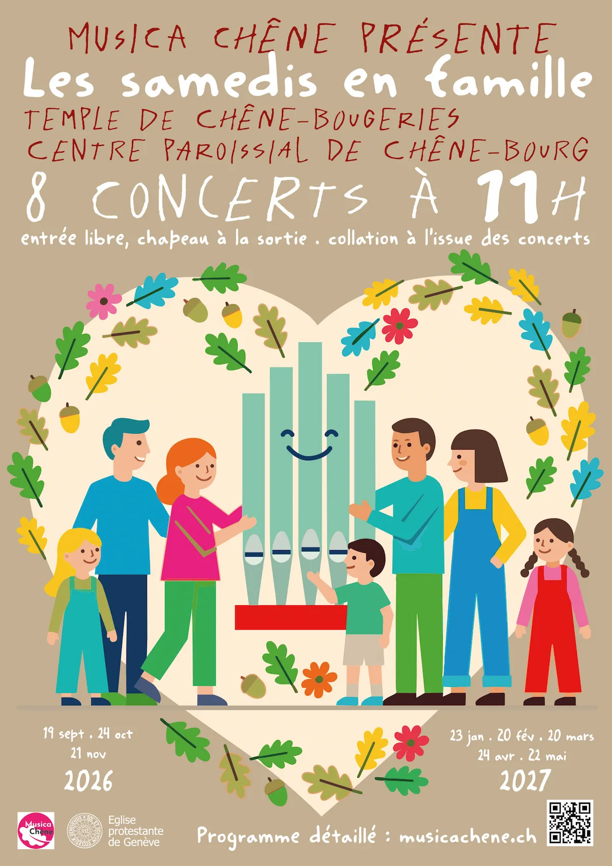 Affiche Musica Chêne : Les samedis en famille, familles autour d'un orgue souriant entouré de feuilles d'automne