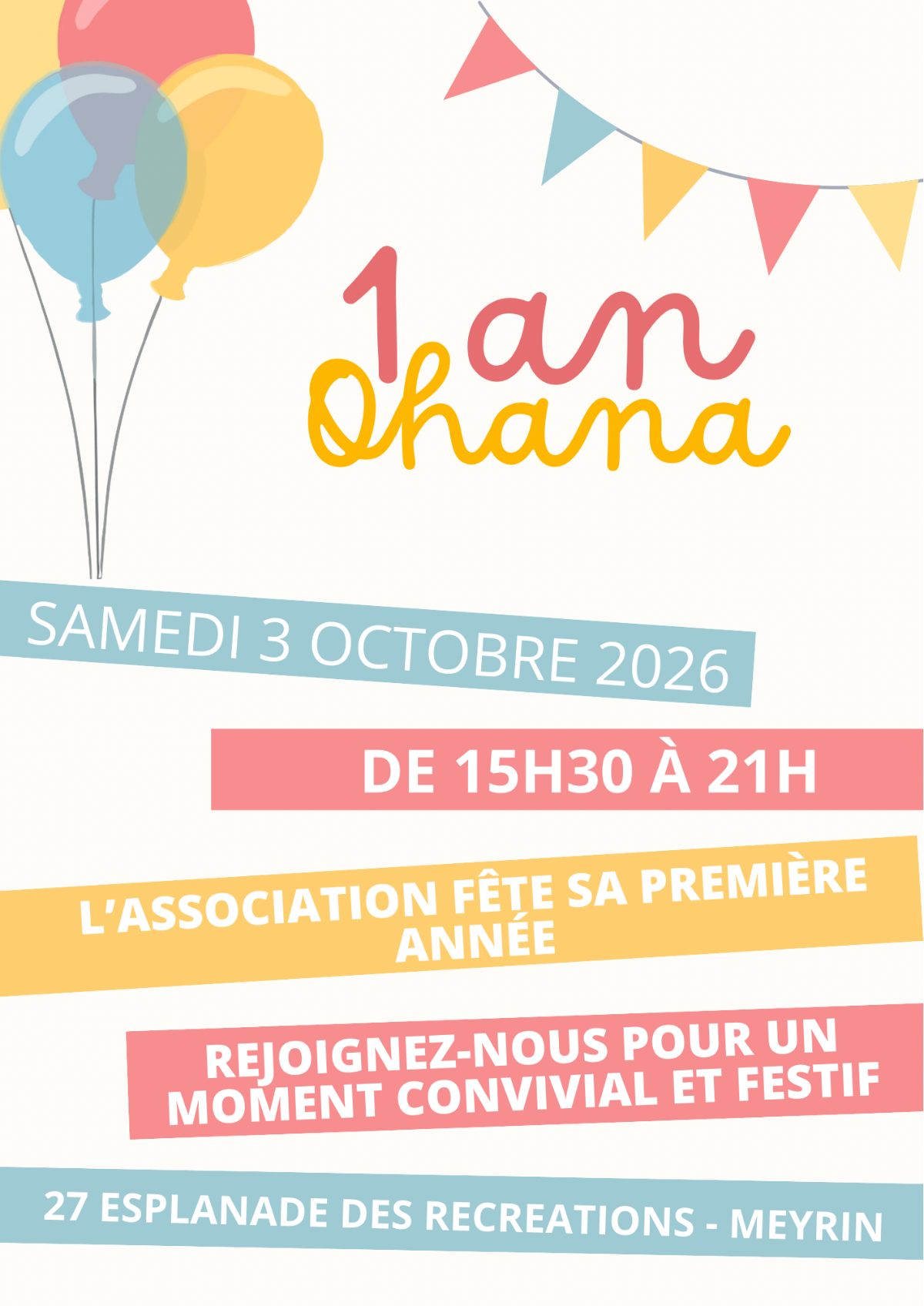 Affiche anniversaire 1 an de l'association Ohana, samedi 3 octobre 2026 à Meyrin