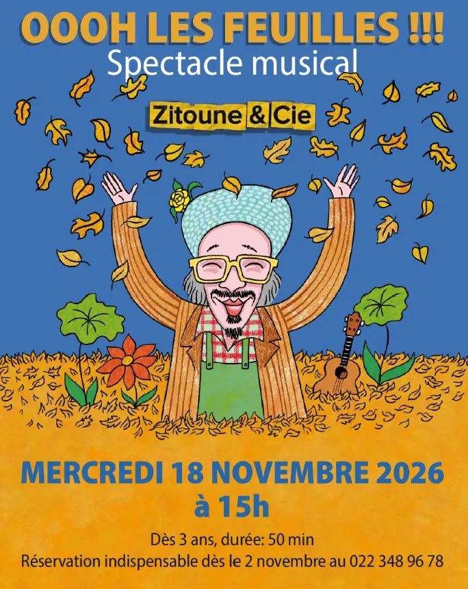 Affiche du spectacle Oooh les feuilles !!! de Zitoune & Cie : un personnage souriant bras levés dans des feuilles d'automne