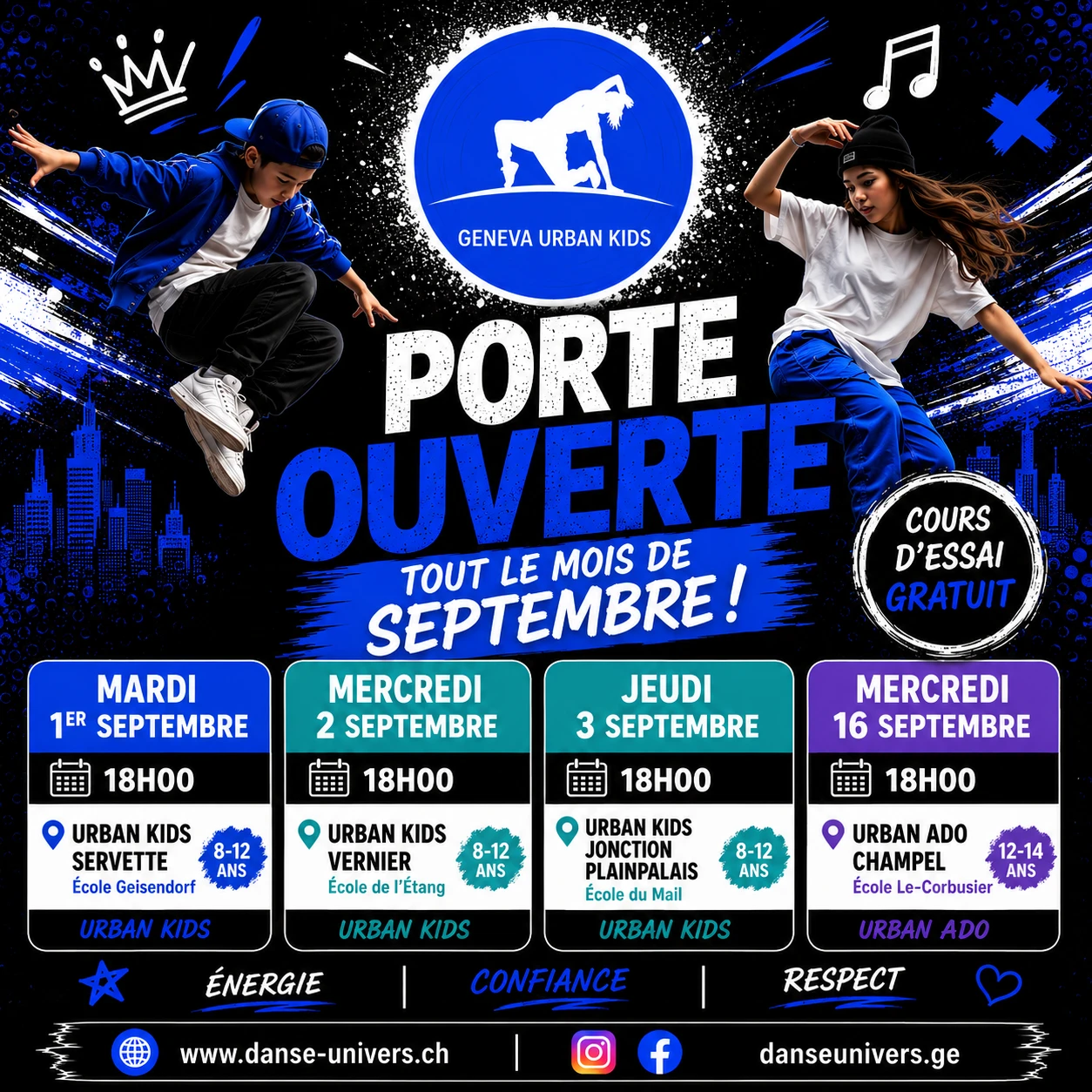 Portes ouvertes Geneva Urban Kids – cours d'essai gratuit danse urbaine septembre 2026