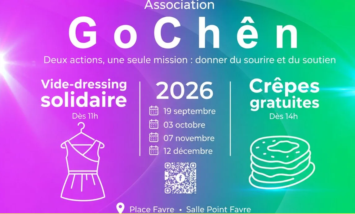 Affiche de l'Association GoChên : vide-dressing solidaire dès 11h et crêpes gratuites dès 14h, Place Favre et Salle Point Favre