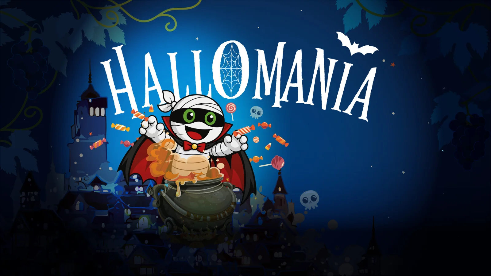 Hallie, la mascotte momie d'Hallomania, dans un chaudron de bonbons devant un village hanté